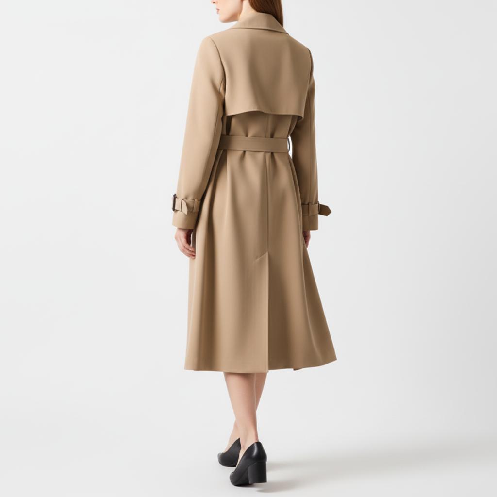 Długi dwurzędowy trencz z paskiem – elegancki styl damski