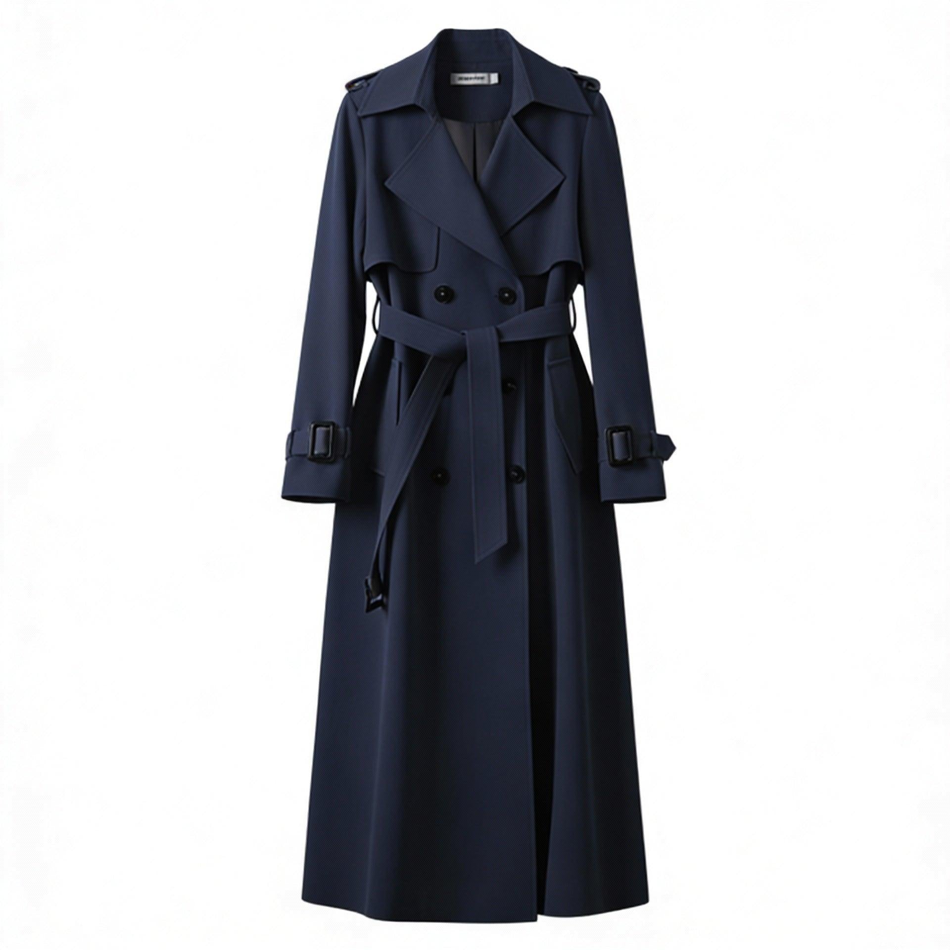 Długi dwurzędowy trencz z paskiem – elegancki styl damski