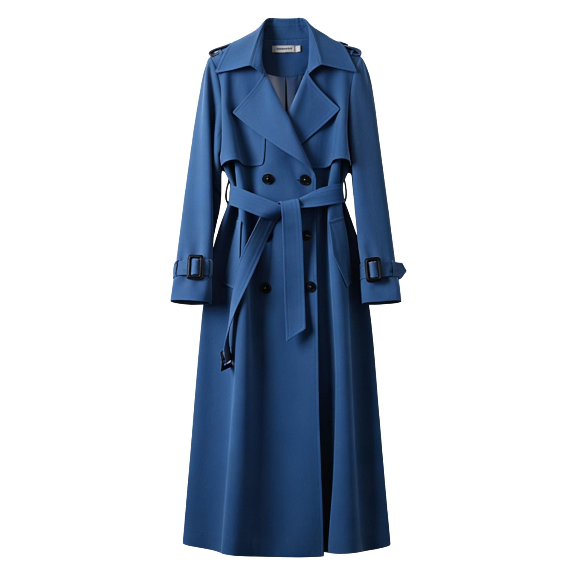 Długi dwurzędowy trencz z paskiem – elegancki styl damski