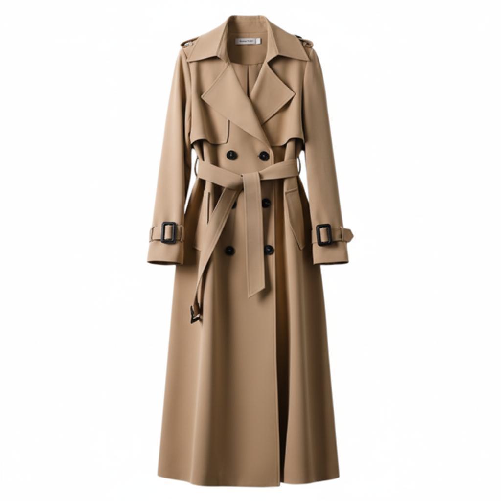 Długi dwurzędowy trencz z paskiem – elegancki styl damski