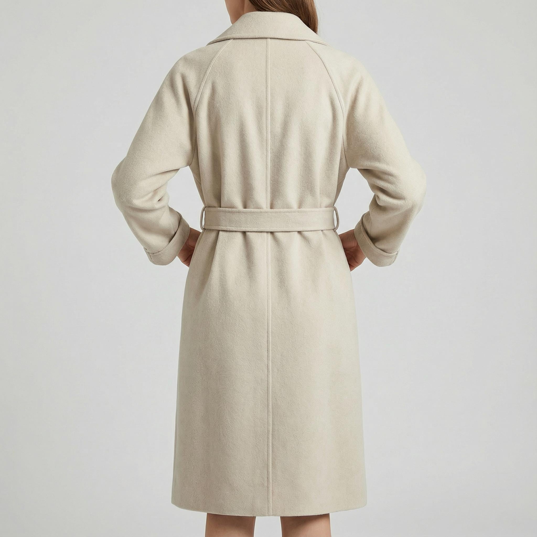 Długi wełniany płaszcz typu trencz z paskiem i kieszeniami – Klasyczna odzież damska