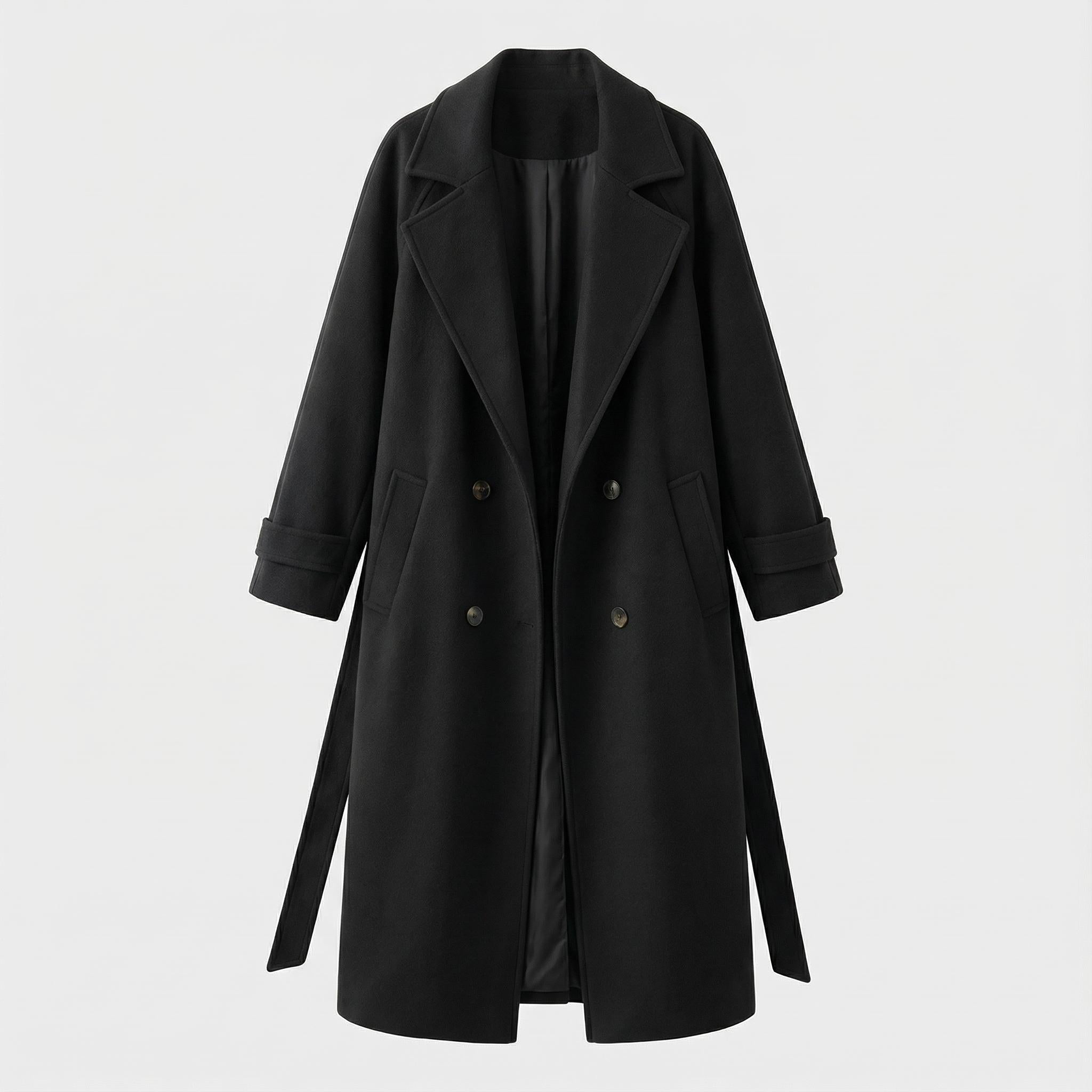 Długi wełniany płaszcz typu trencz z paskiem i kieszeniami – Klasyczna odzież damska