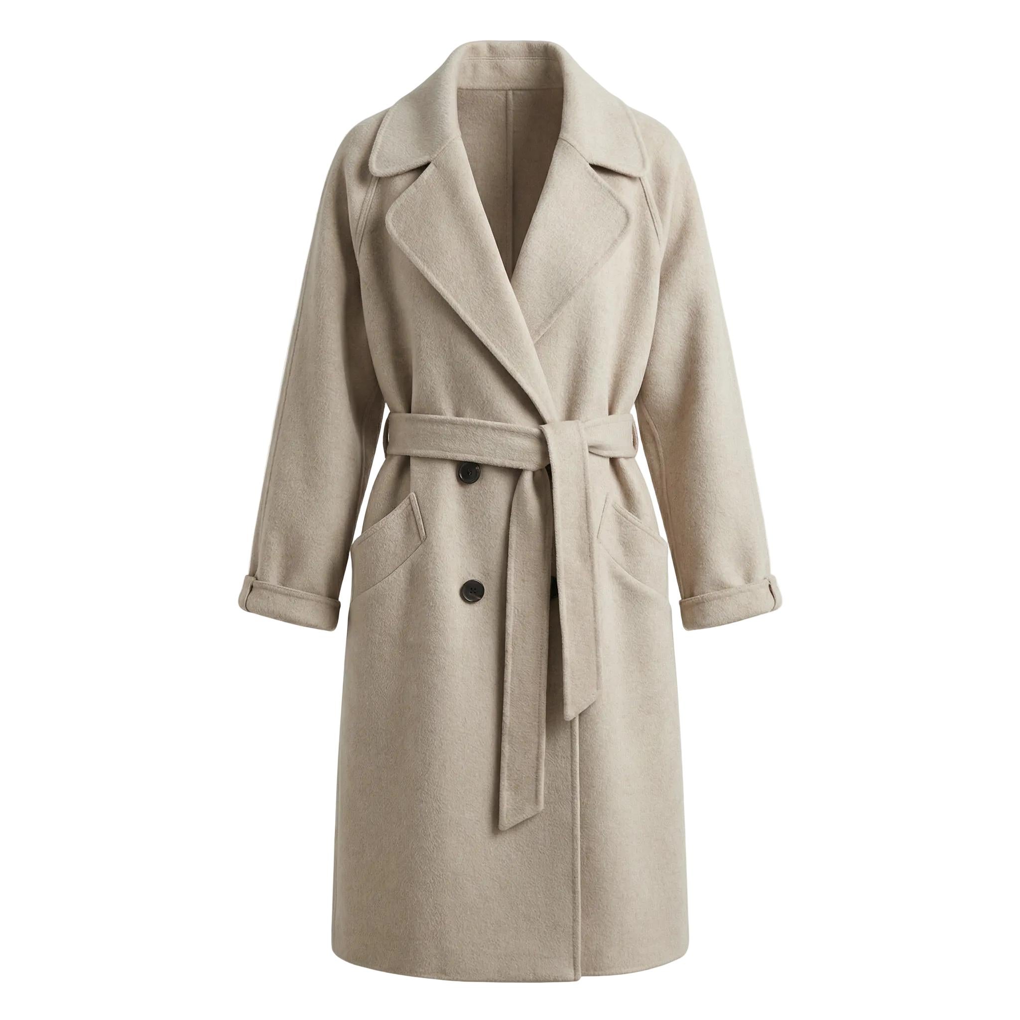 Długi wełniany płaszcz typu trencz z paskiem i kieszeniami – Klasyczna odzież damska