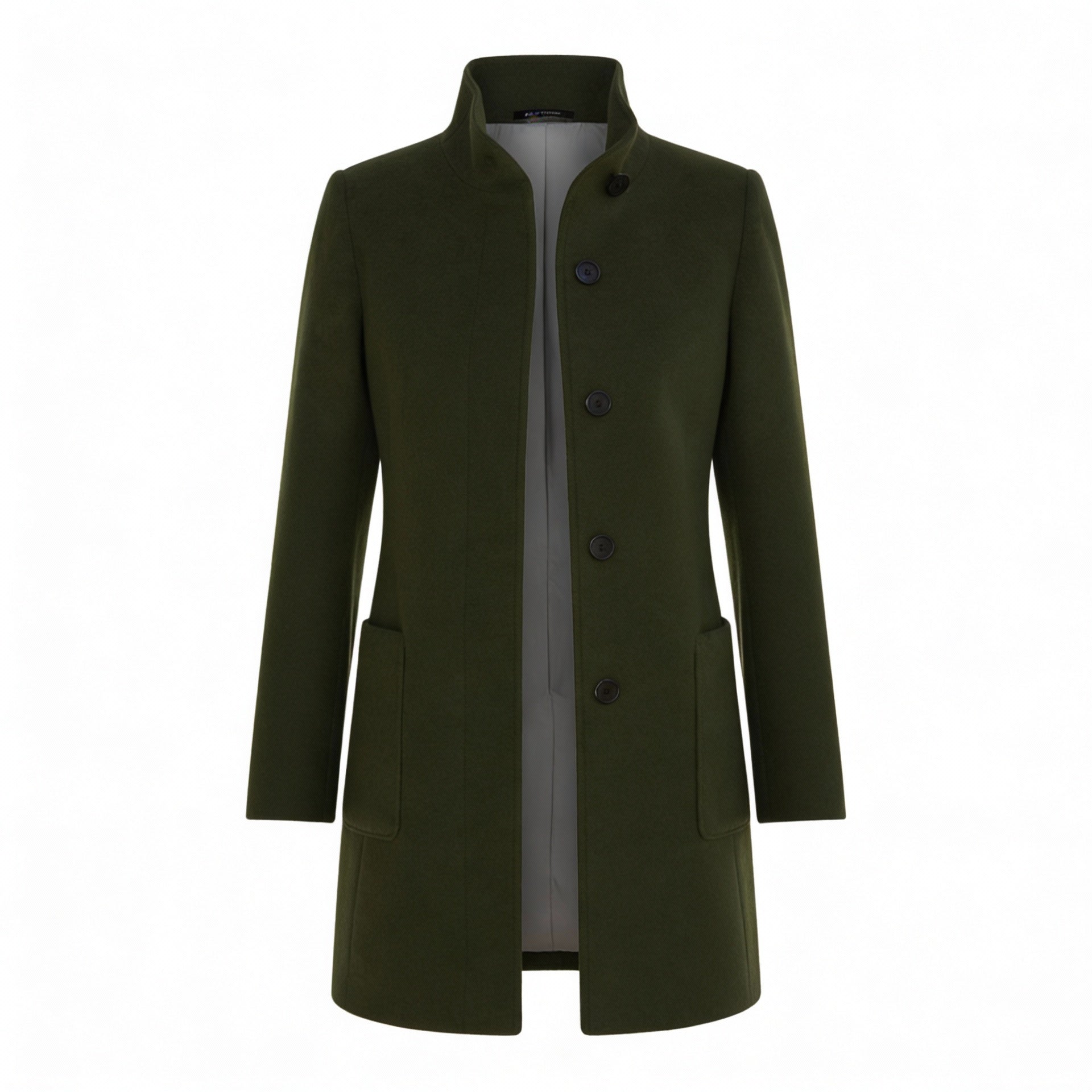 Klasyczny i stylowy wełniany płaszcz typu trencz z zapięciem na guziki w stylu retro