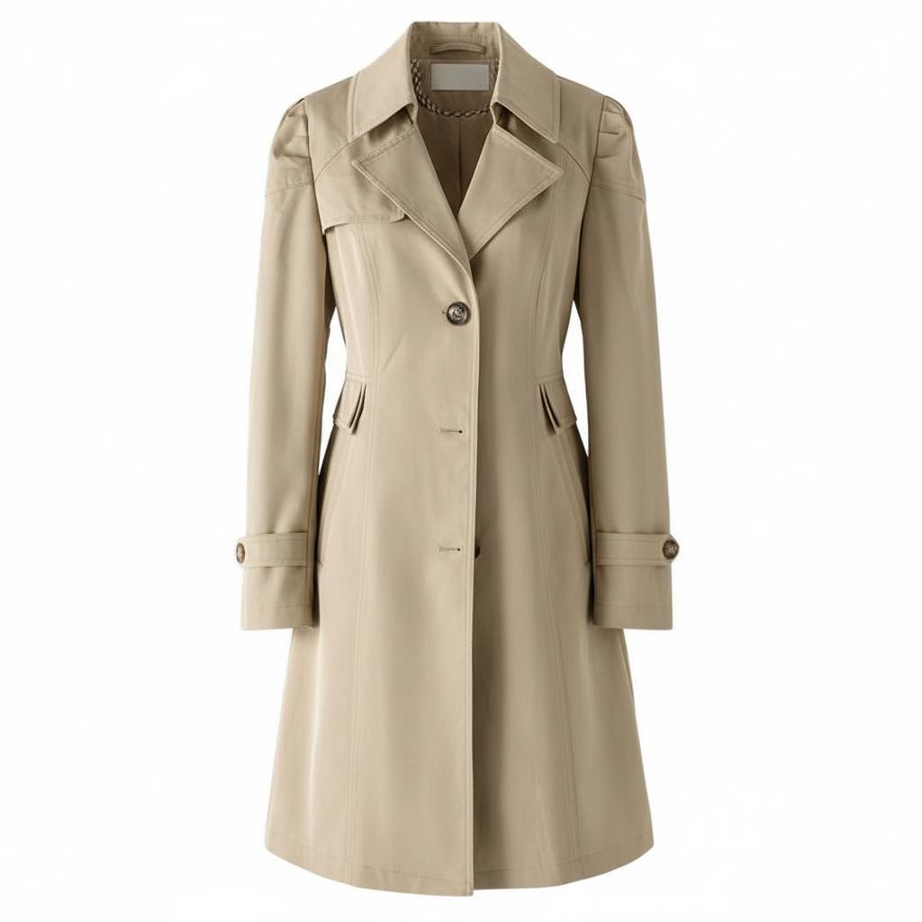 Lekki, długi płaszcz typu trencz z paskiem – damska odzież wierzchnia na wiosnę