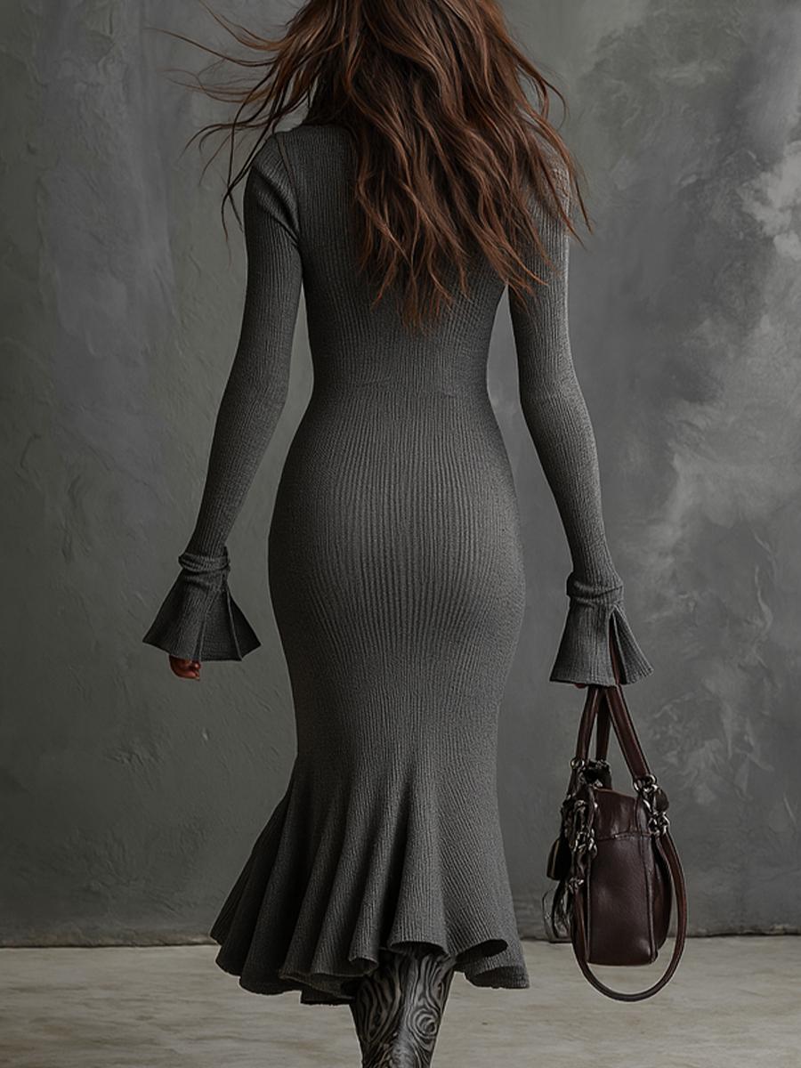 Arganate | Sukienka dzianinowa w stylu retro z rękawami trąbkowymi