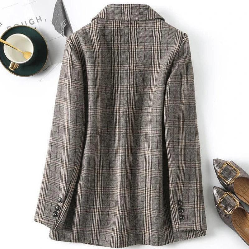 Blezery z mieszanki wełny premium w kratkę z kieszeniami z klapami z przodu