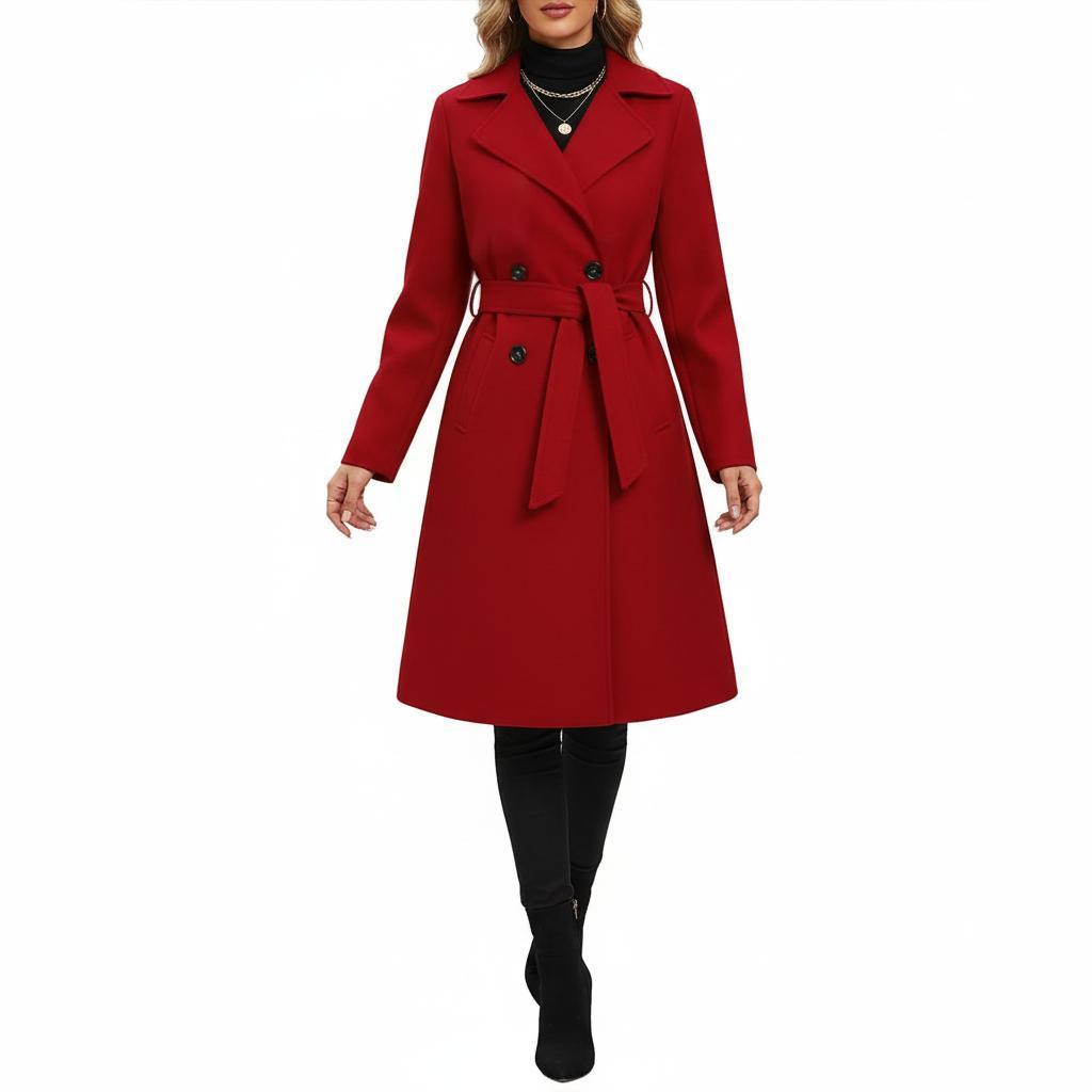 Długi dwurzędowy płaszcz typu trencz z paskiem – Stylowa odzież damska