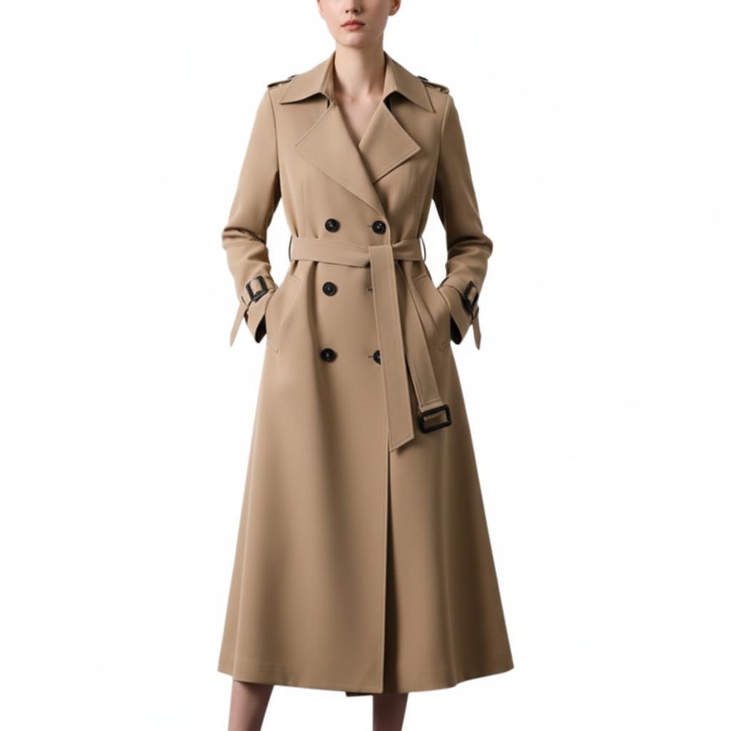 Długi dwurzędowy trencz z paskiem – elegancki styl damski