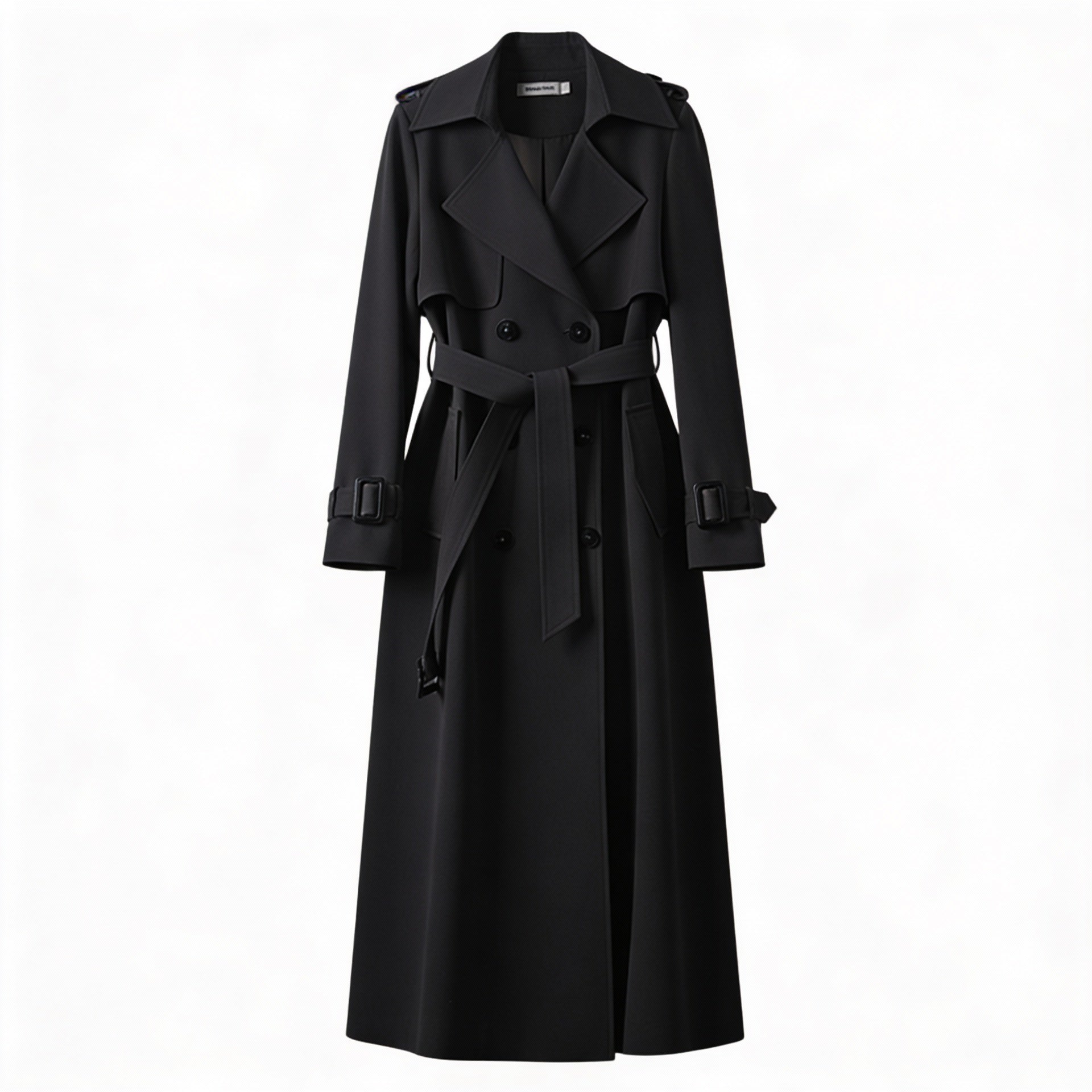 Długi dwurzędowy trencz z paskiem – elegancki styl damski