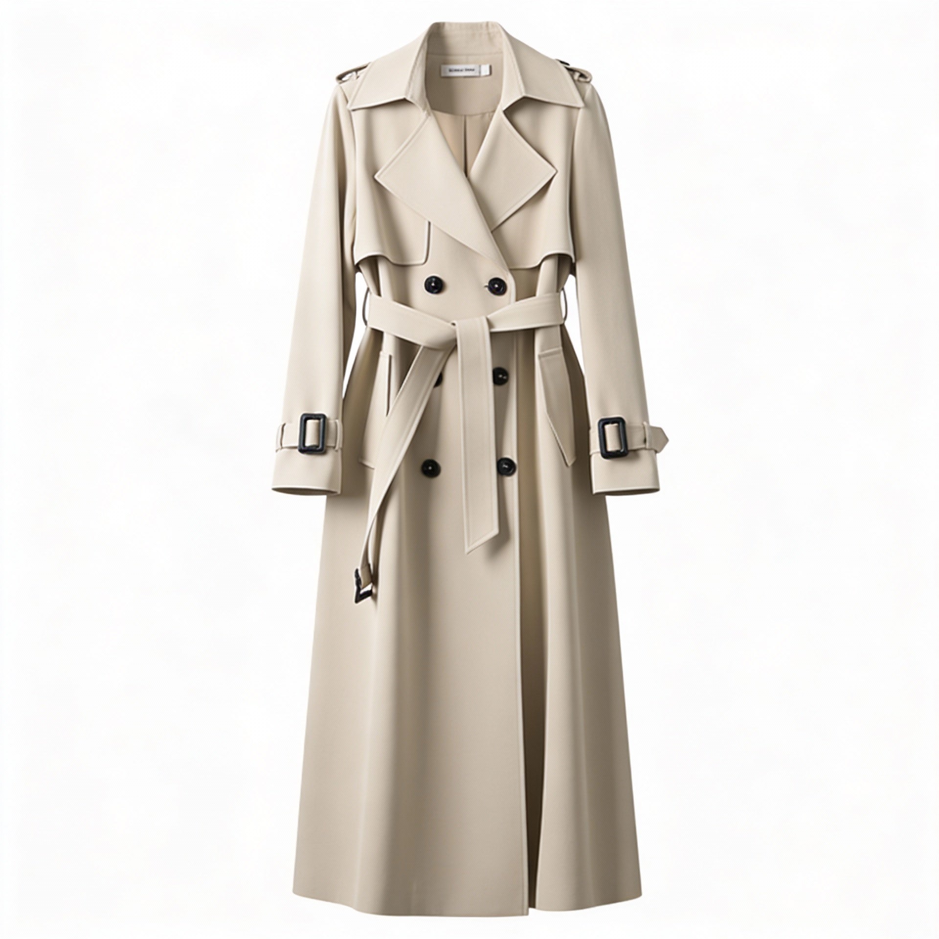 Długi dwurzędowy trencz z paskiem – elegancki styl damski