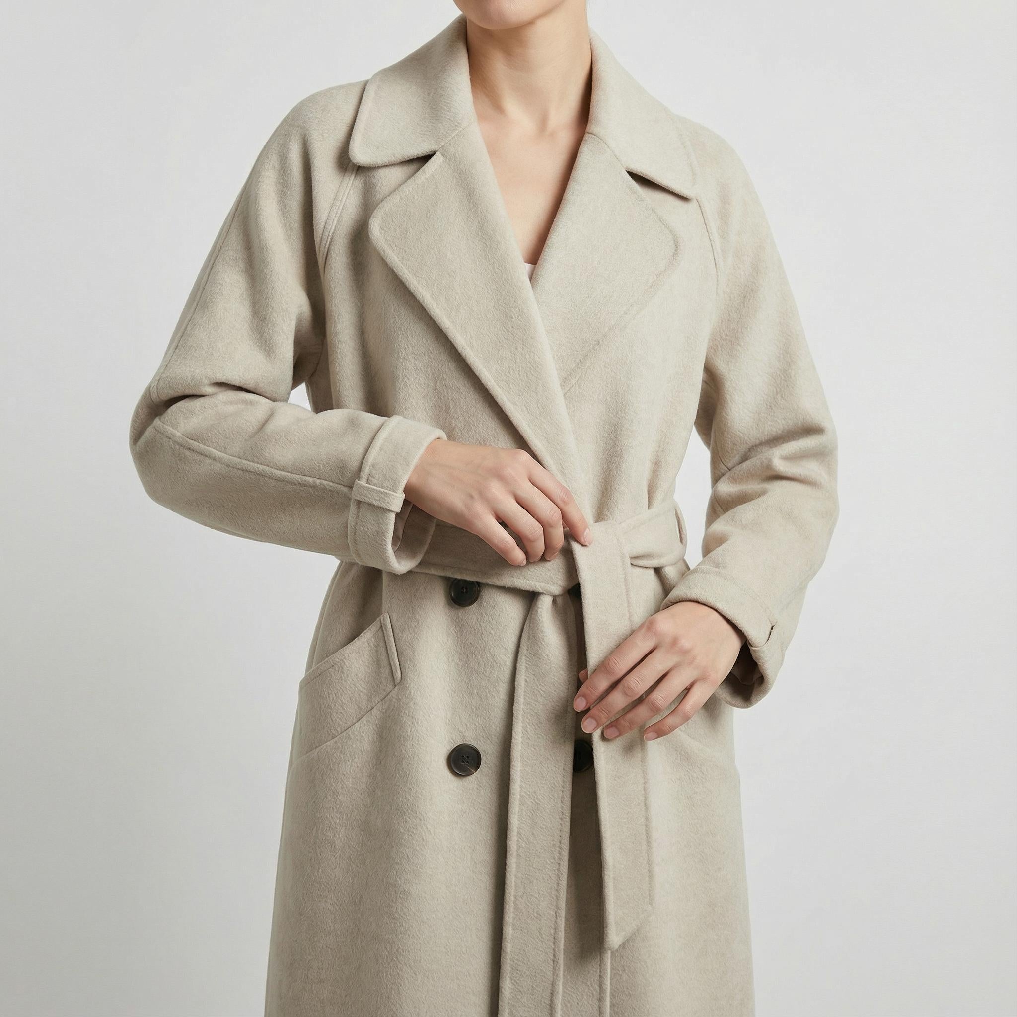 Długi wełniany płaszcz typu trencz z paskiem i kieszeniami – Klasyczna odzież damska