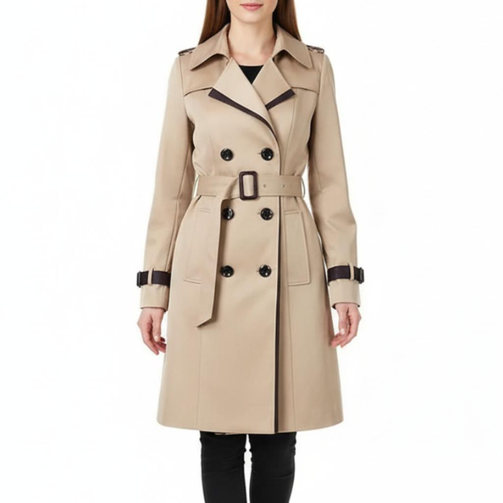 Długi, wodoodporny trencz – klasyczny damski fason z paskiem