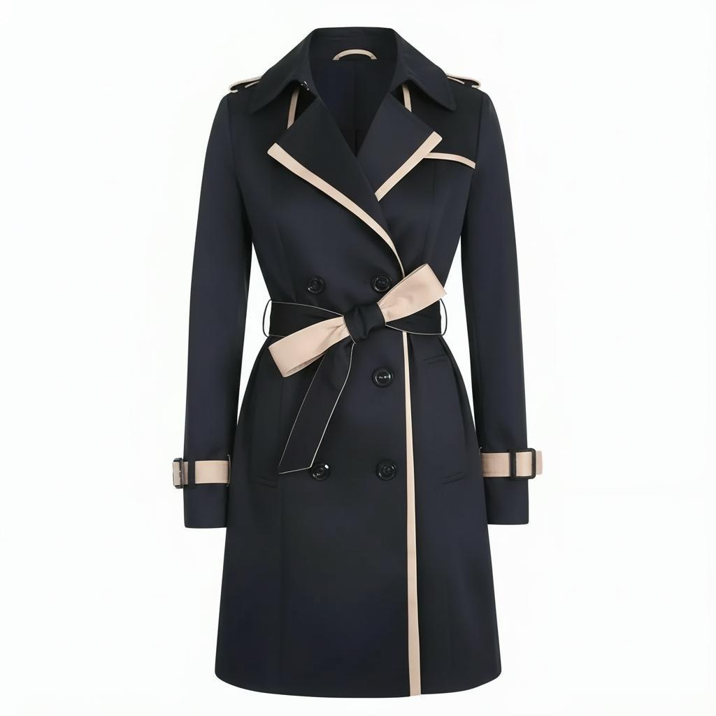 Długi, wodoodporny trencz – klasyczny damski fason z paskiem