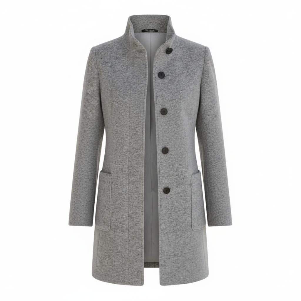 Klasyczny i stylowy wełniany płaszcz typu trencz z zapięciem na guziki w stylu retro