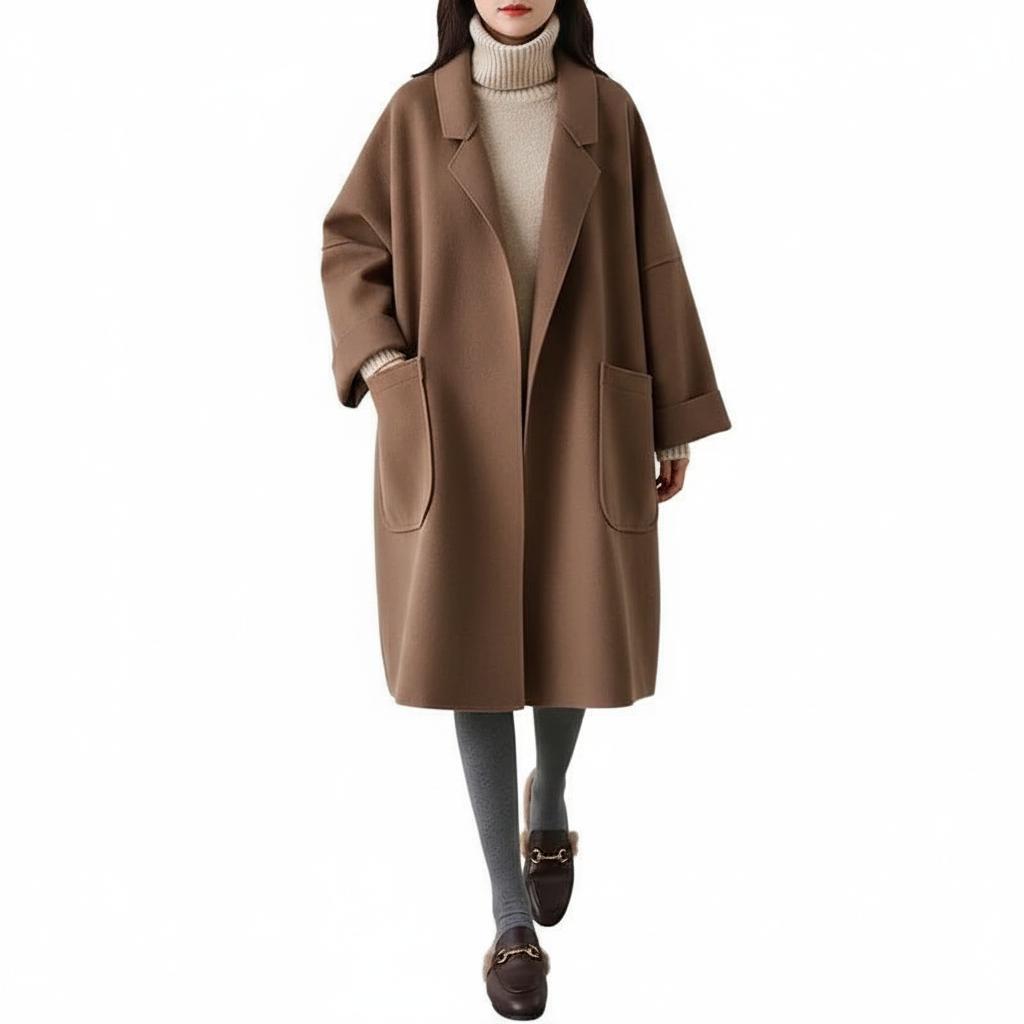 Klasyczny obszerny dwurzędowy trencz z mieszanki wełny dla kobiet