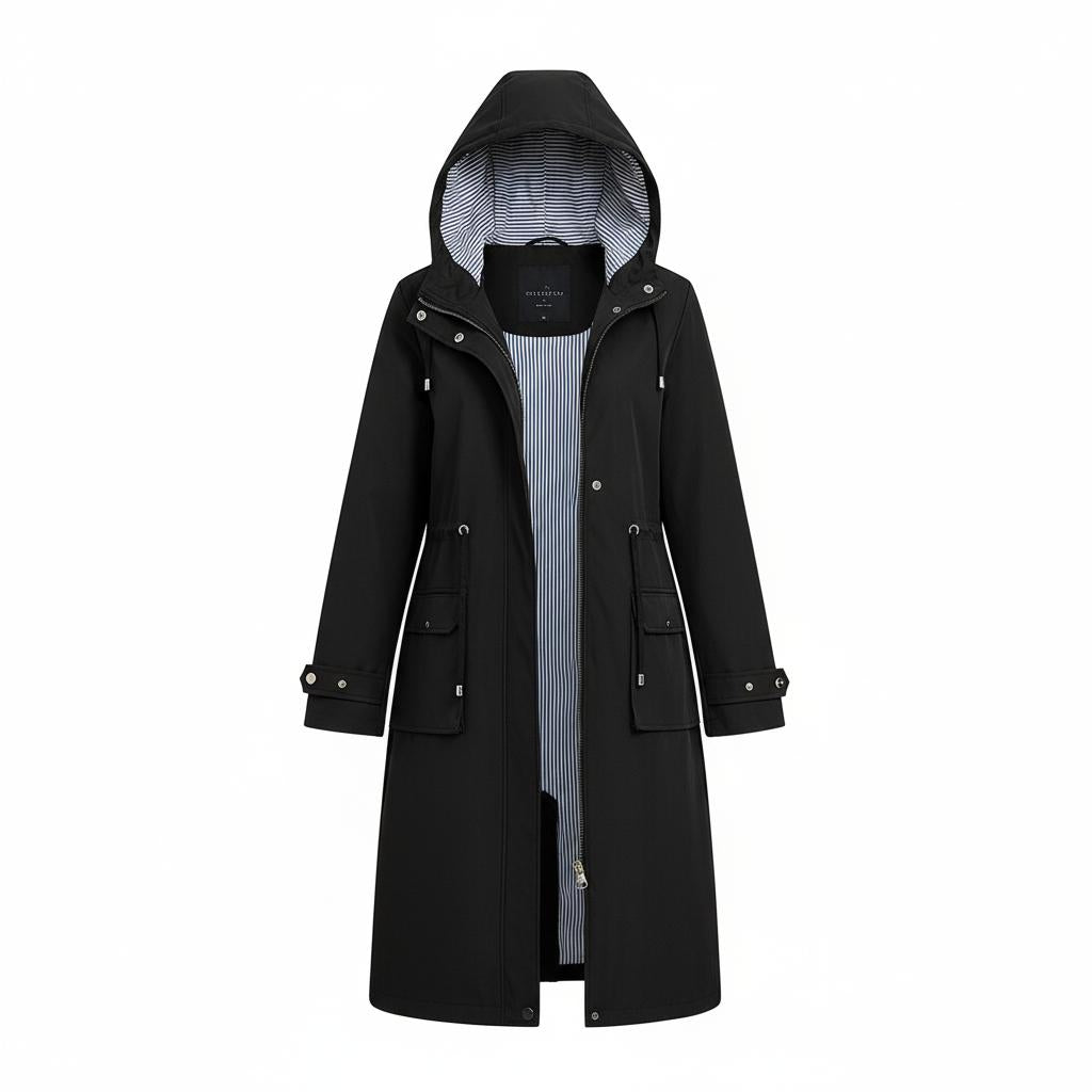 Wodoodporny płaszcz typu trencz z kapturem – stylowa i funkcjonalna odzież wierzchnia